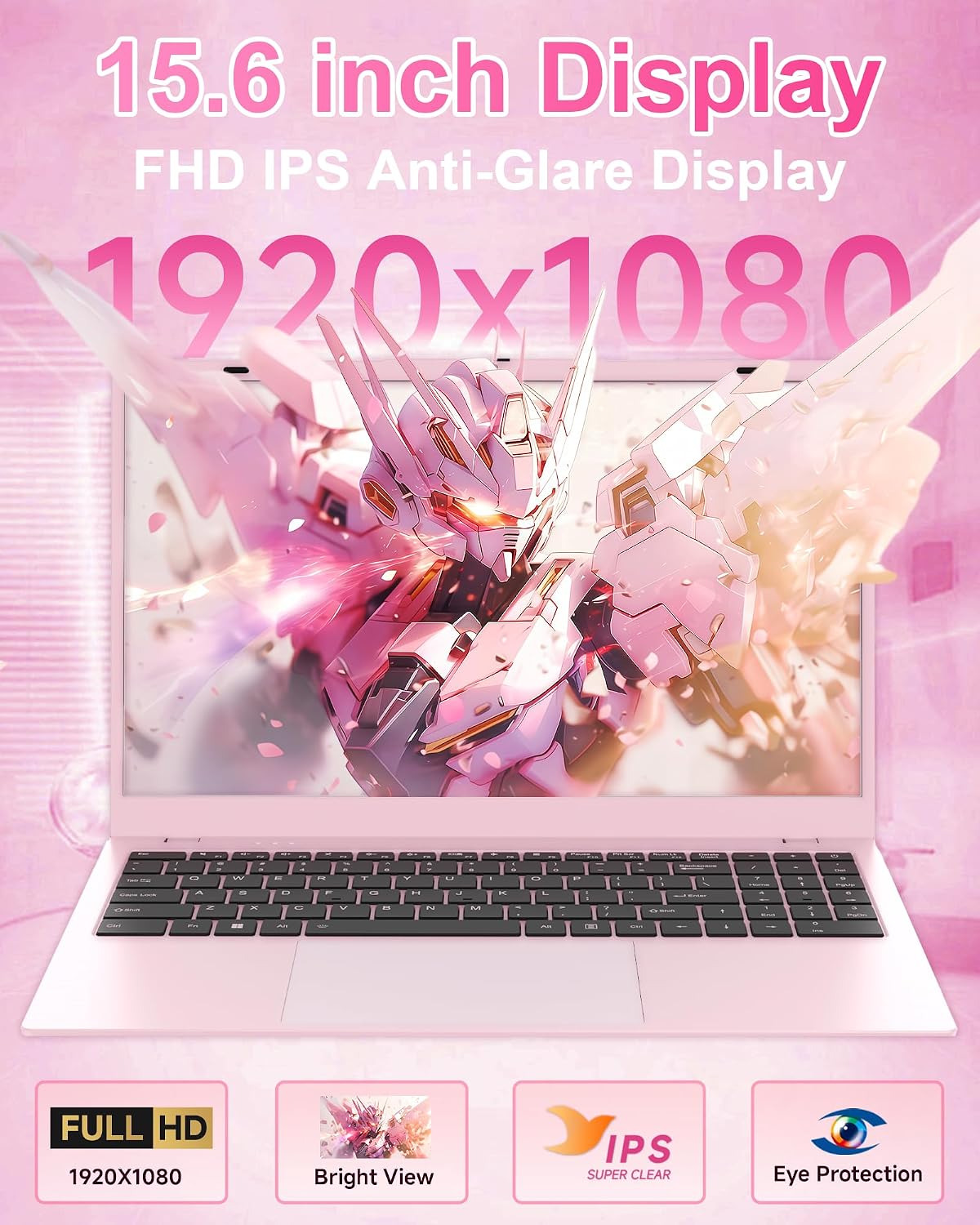 Pink Laptop Computer for Students, 15.6 Inch FHD IPS Display, 12GB RAM 256GB SSD, Lightweight Laptop for School, Online Classes & Everyday Use