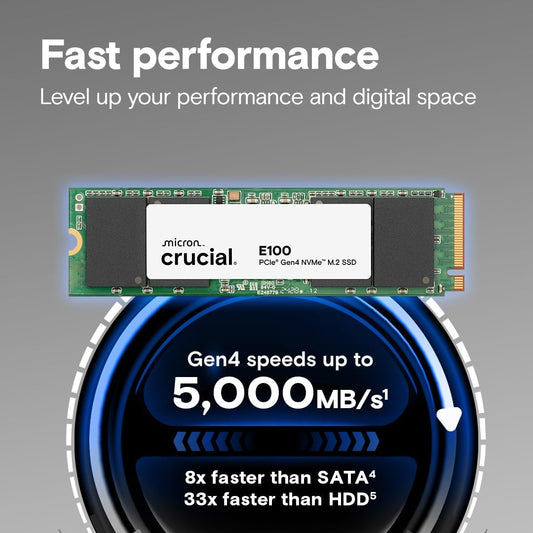 Crucial E100 1TB M.2 NVMe PCIe Gen4 Internal SSD, Up to 5,000MB/s, Laptop & Desktop Compatible