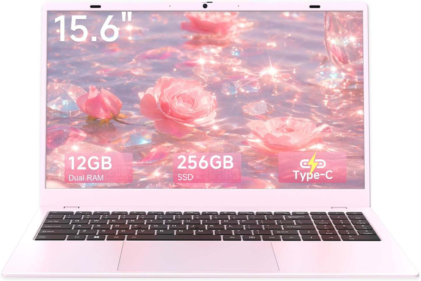 Pink Laptop Computer for Students, 15.6 Inch FHD IPS Display, 12GB RAM 256GB SSD, Lightweight Laptop for School, Online Classes & Everyday Use
