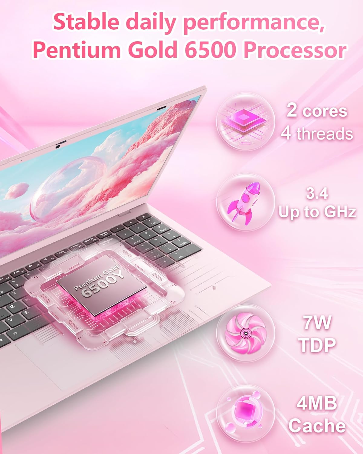 Pink Laptop Computer for Students, 15.6 Inch FHD IPS Display, 12GB RAM 256GB SSD, Lightweight Laptop for School, Online Classes & Everyday Use