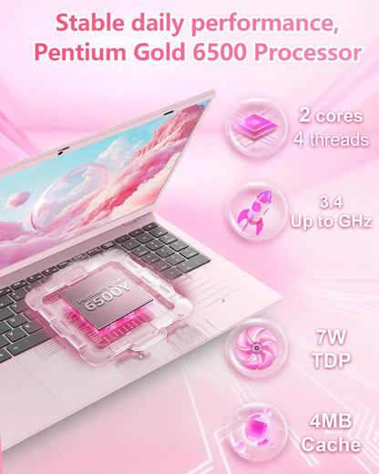 Pink Laptop Computer for Students, 15.6 Inch FHD IPS Display, 12GB RAM 256GB SSD, Lightweight Laptop for School, Online Classes & Everyday Use