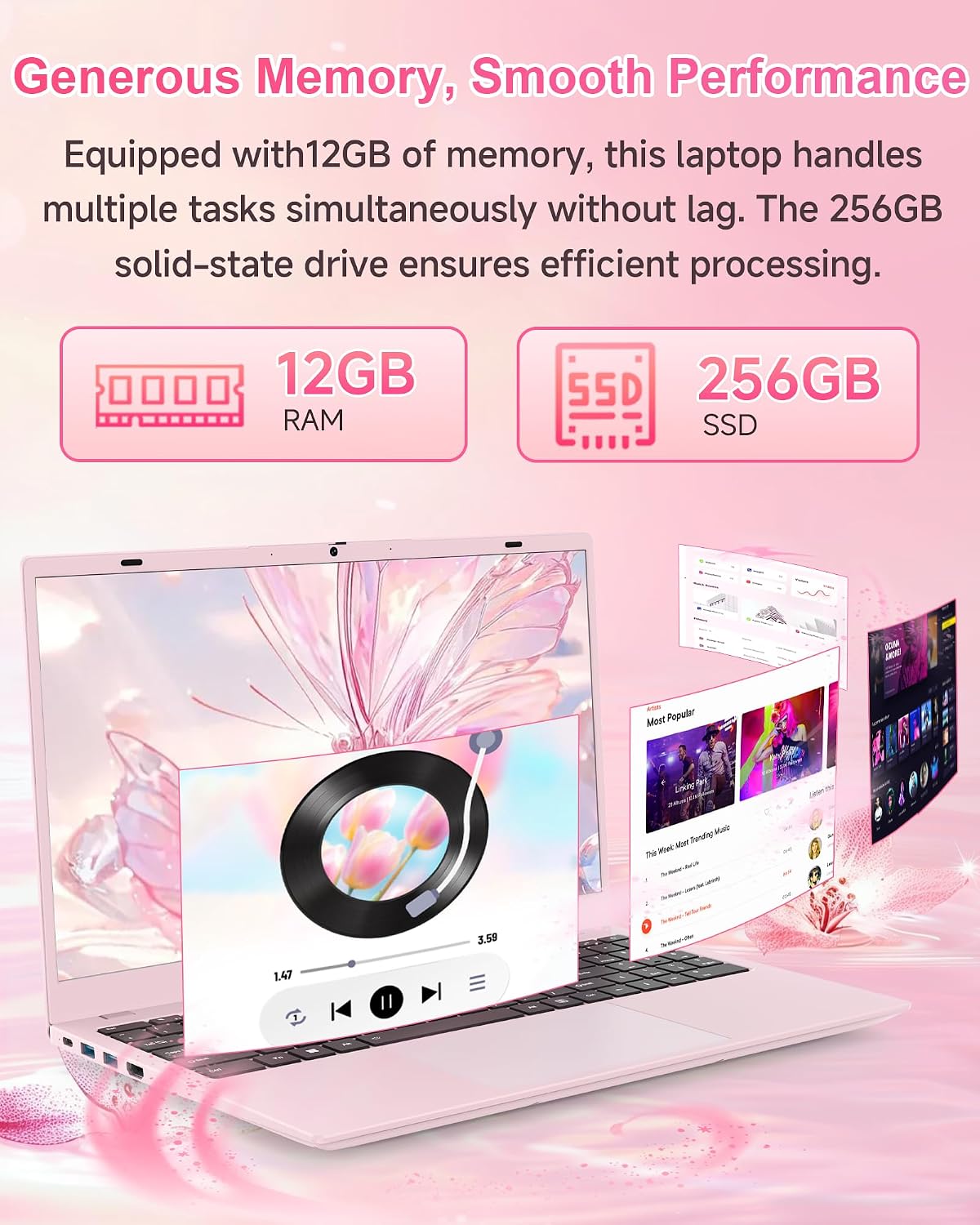 Pink Laptop Computer for Students, 15.6 Inch FHD IPS Display, 12GB RAM 256GB SSD, Lightweight Laptop for School, Online Classes & Everyday Use