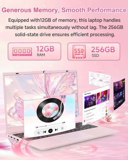 Pink Laptop Computer for Students, 15.6 Inch FHD IPS Display, 12GB RAM 256GB SSD, Lightweight Laptop for School, Online Classes & Everyday Use