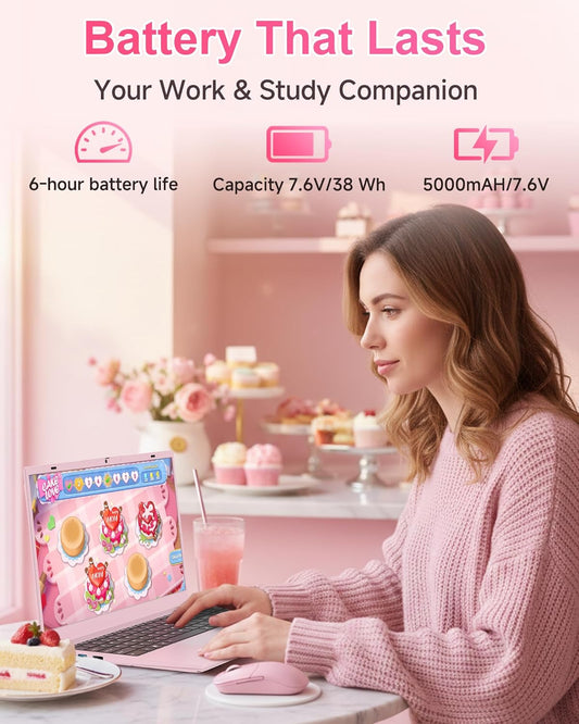 Pink Laptop Computer for Students, 15.6 Inch FHD IPS Display, 12GB RAM 256GB SSD, Lightweight Laptop for School, Online Classes & Everyday Use
