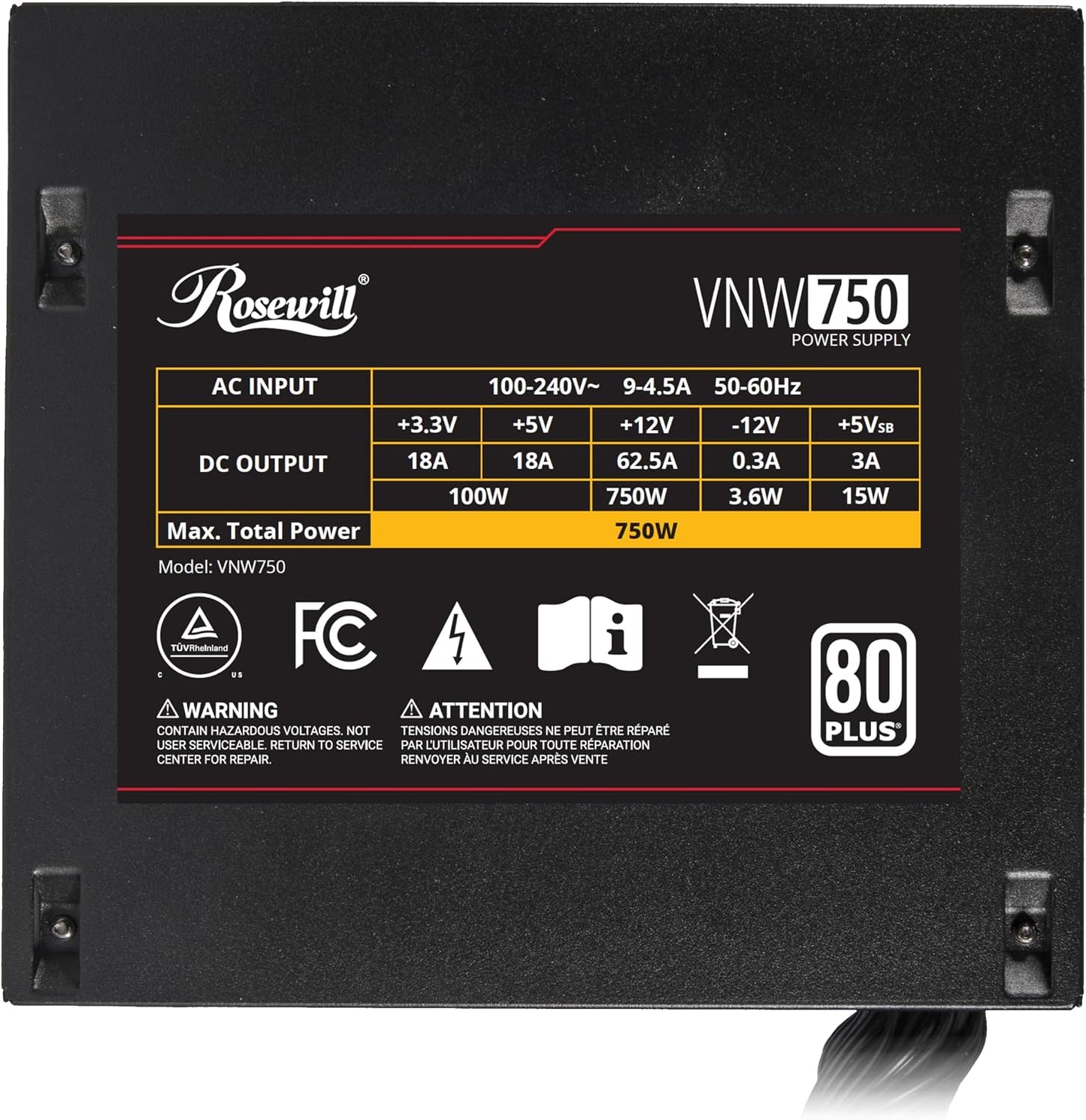 Rosewill VNW 750W 80+ White Certified, Non-Modular Active PFC Design, Low-Noise Power Supply, Electrolytic Capacitor, 120mm FDB Silent Fan