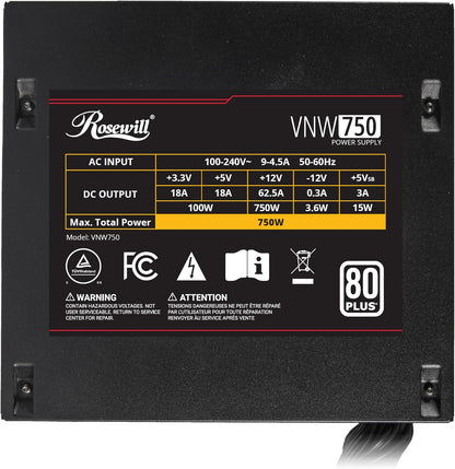 Rosewill VNW 750W 80+ White Certified, Non-Modular Active PFC Design, Low-Noise Power Supply, Electrolytic Capacitor, 120mm FDB Silent Fan