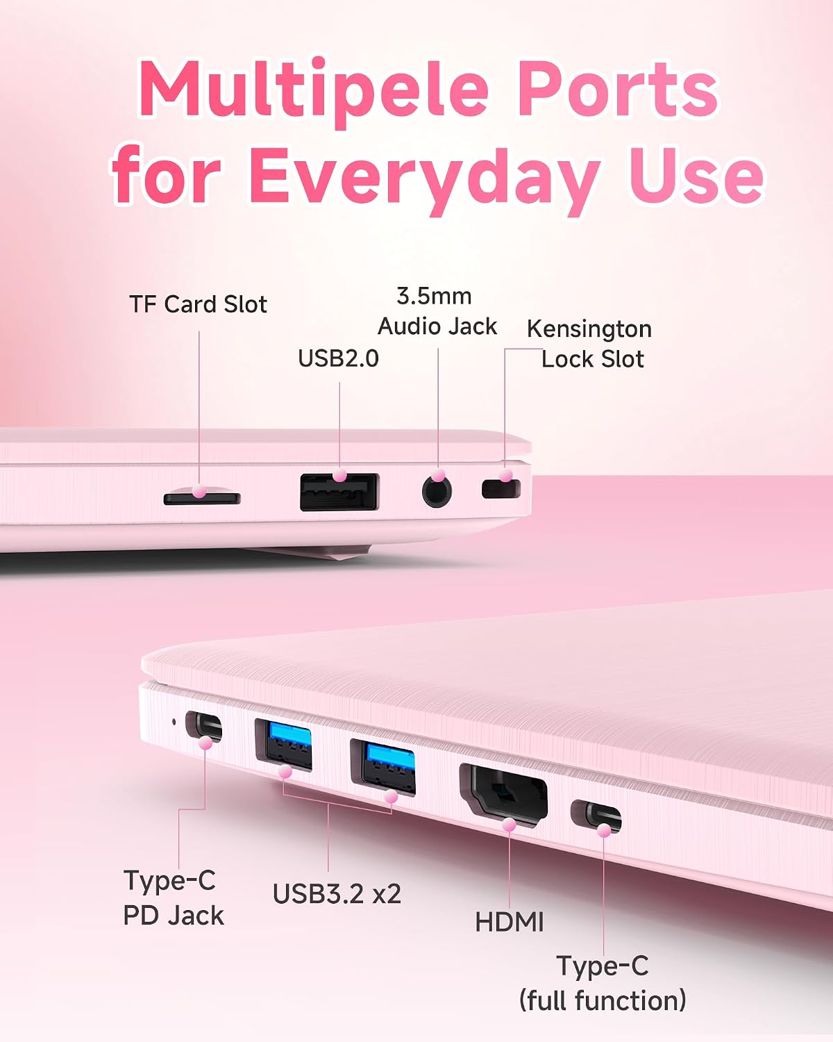 Pink Laptop Computer for Students, 15.6 Inch FHD IPS Display, 12GB RAM 256GB SSD, Lightweight Laptop for School, Online Classes & Everyday Use