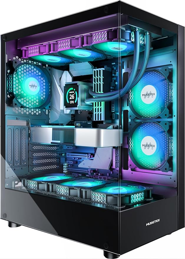 MUSETEX PC CASE ATX 6 PWM ARGB Fans Pre-Installed, TypeC Mid Tower Com ...