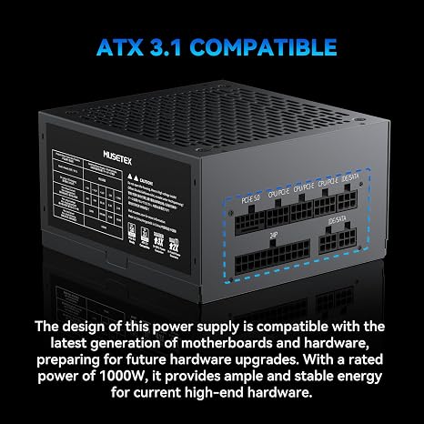 MUSETEX PC Power Supply 1000W, ATX 3.1 & PCIE 5.0 Gaming Power Supply